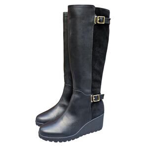 Tall Wedge Boots Giani Bernini Sannaa Size 8.5 Black Suede Leather Buckle Detail